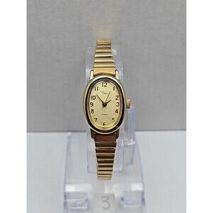 Timex Cavatina Gold Tone Oval Womens Quartz Watch Stretch Band New Battery Dress